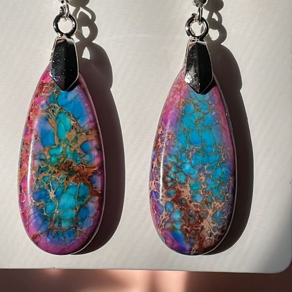 New Gorgeous Emperor Stone Drop Earrings Pink Purple Blue Semi Precious Boho - Picture 1 of 5